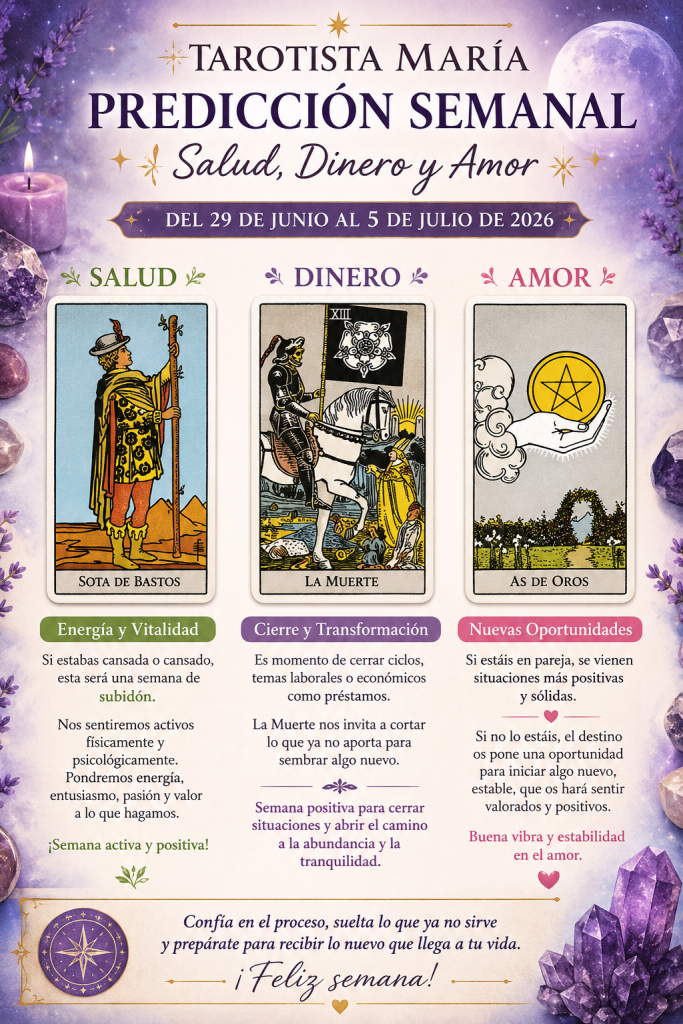 Predicción semanal del Tarot Rider-Waite, Salud, Dinero y Amor del 29 de junio al 5 de julio de 2026